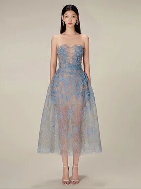 Ethereal Blue Lace Midi Dress | Self-Portrait Style | Strapless Tulle